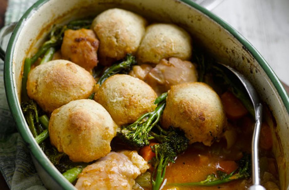 Chicken casserole with herby Cheddar dumplings