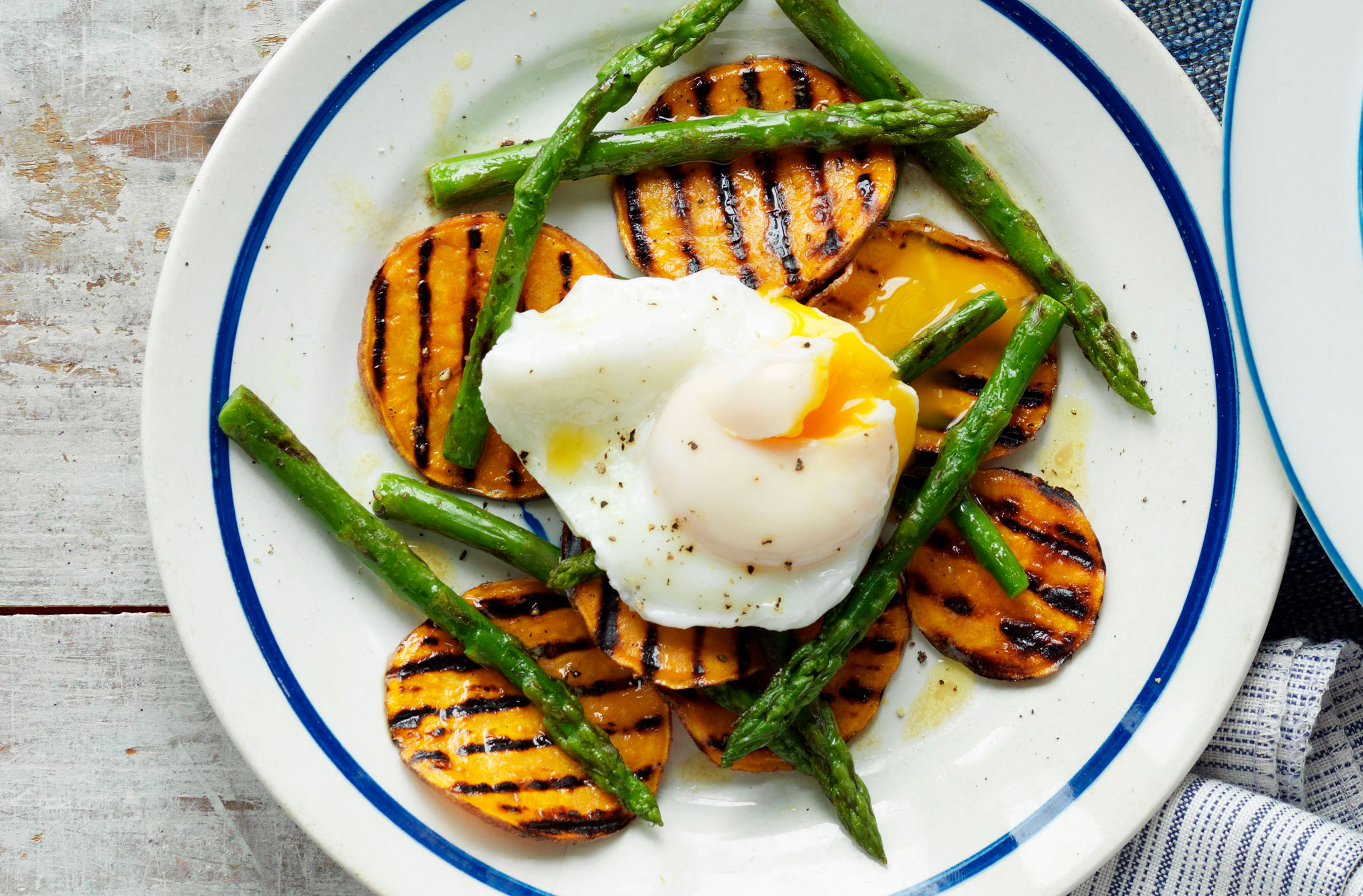 Healthy lunch ideas, Griddled asparagus and sweet potato topped with a poached egg
