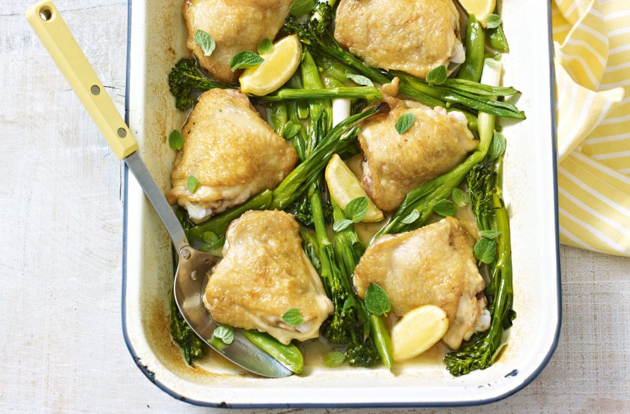 Spring chicken tray bake with green vegetables