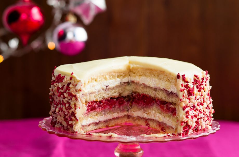 White chocolate and raspberry gateau