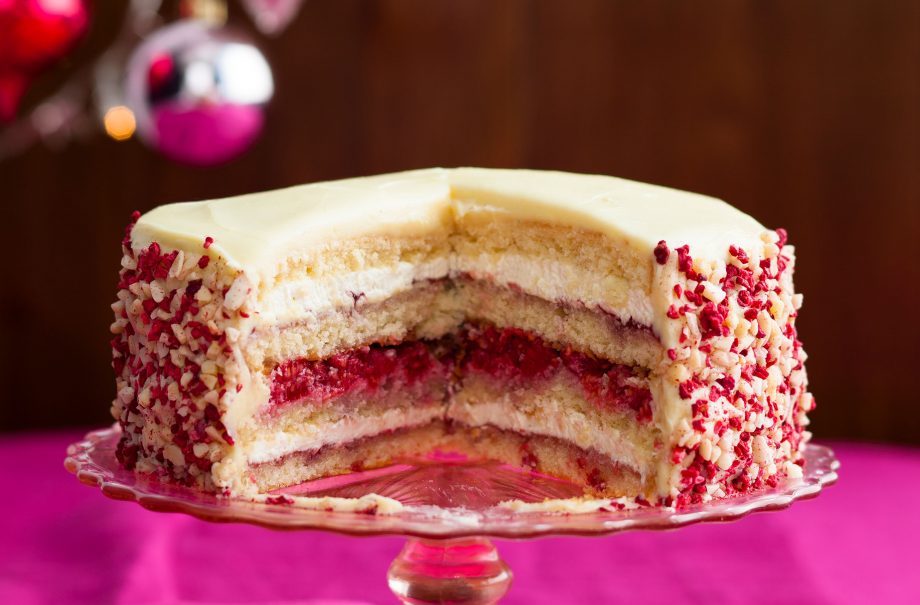 White chocolate and raspberry gateau