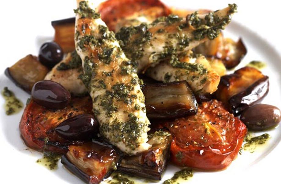 Pesto chicken with aubergine, tomatoes and olives