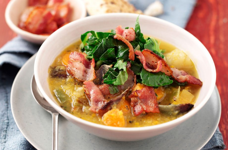 Winter vegetable and bacon soup