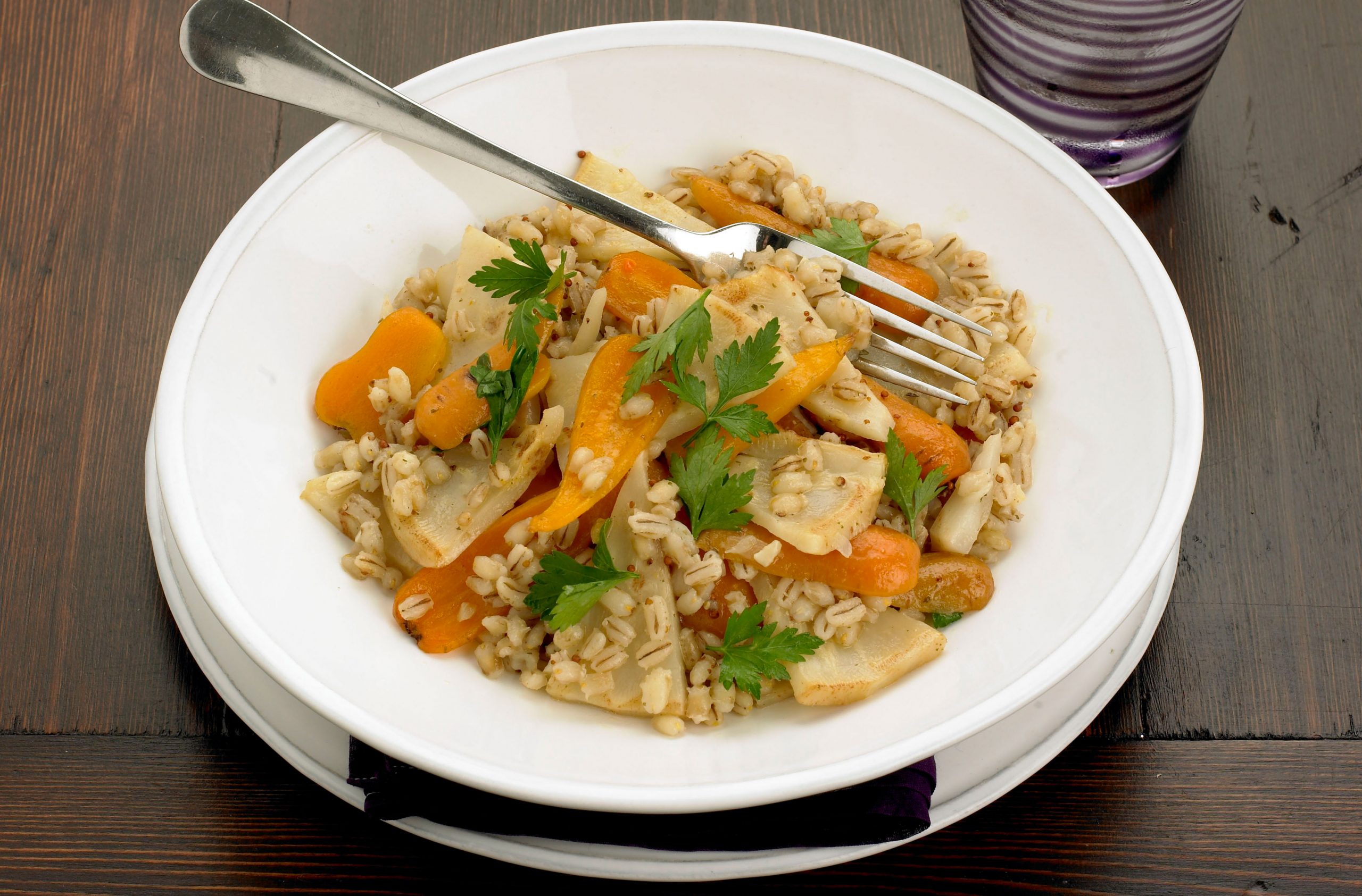 Celeriac, carrot and pearl barley bake
