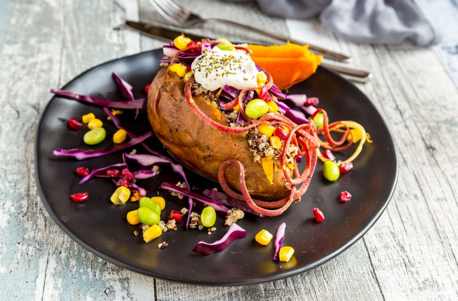 Red cabbage corn and quinoa sweet jacket potato