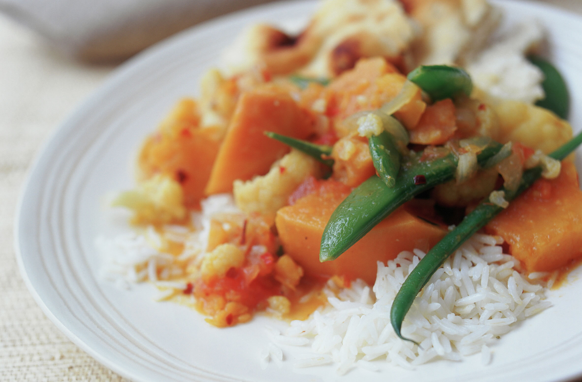 Sweet potato cauliflower and sugar snap curry