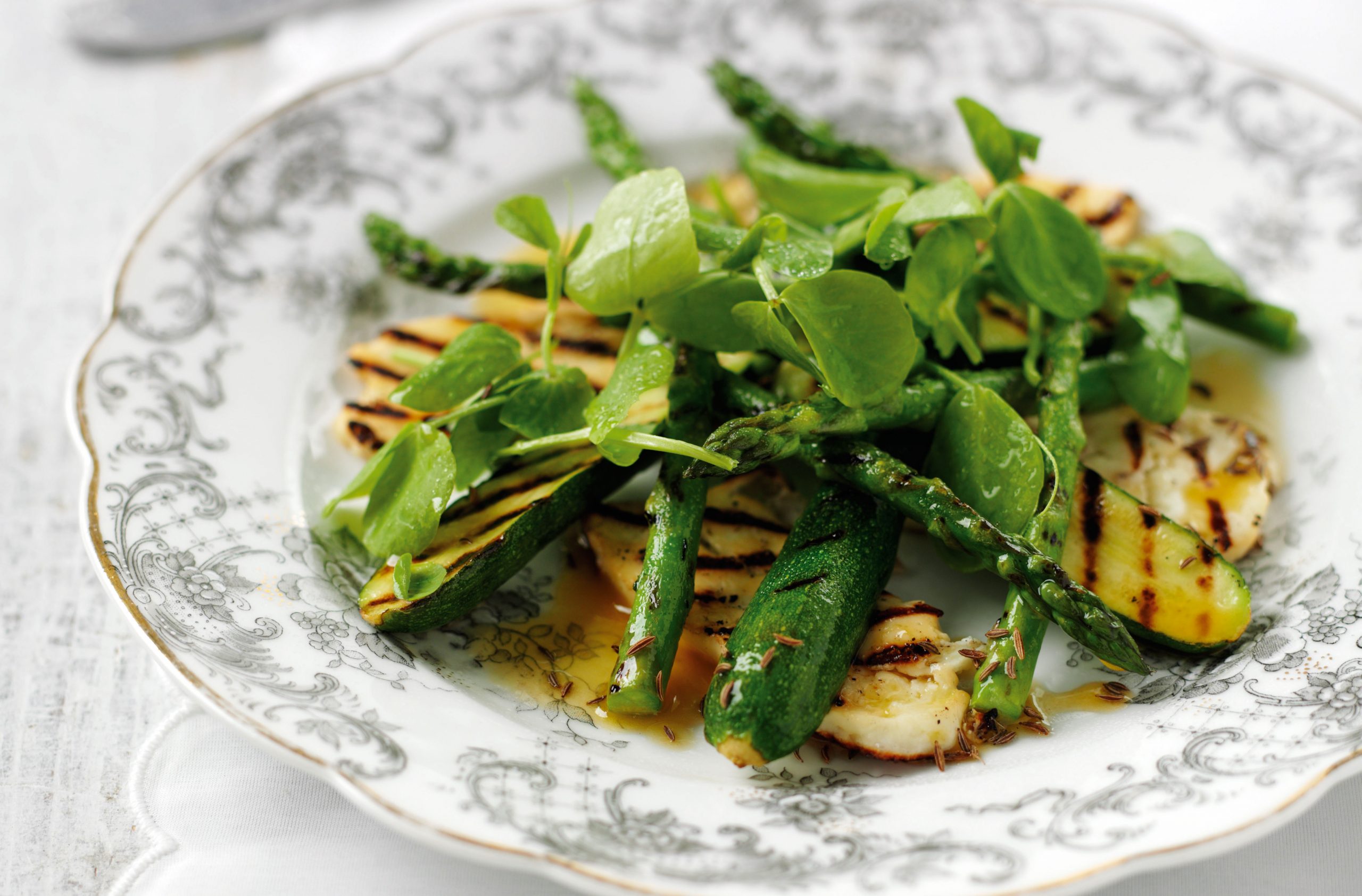 Griddled halloumi, courgette and asparagus
