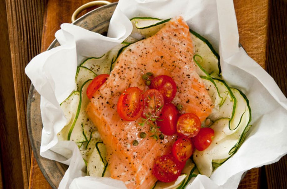 Salmon, courgette and plum tomato parcels