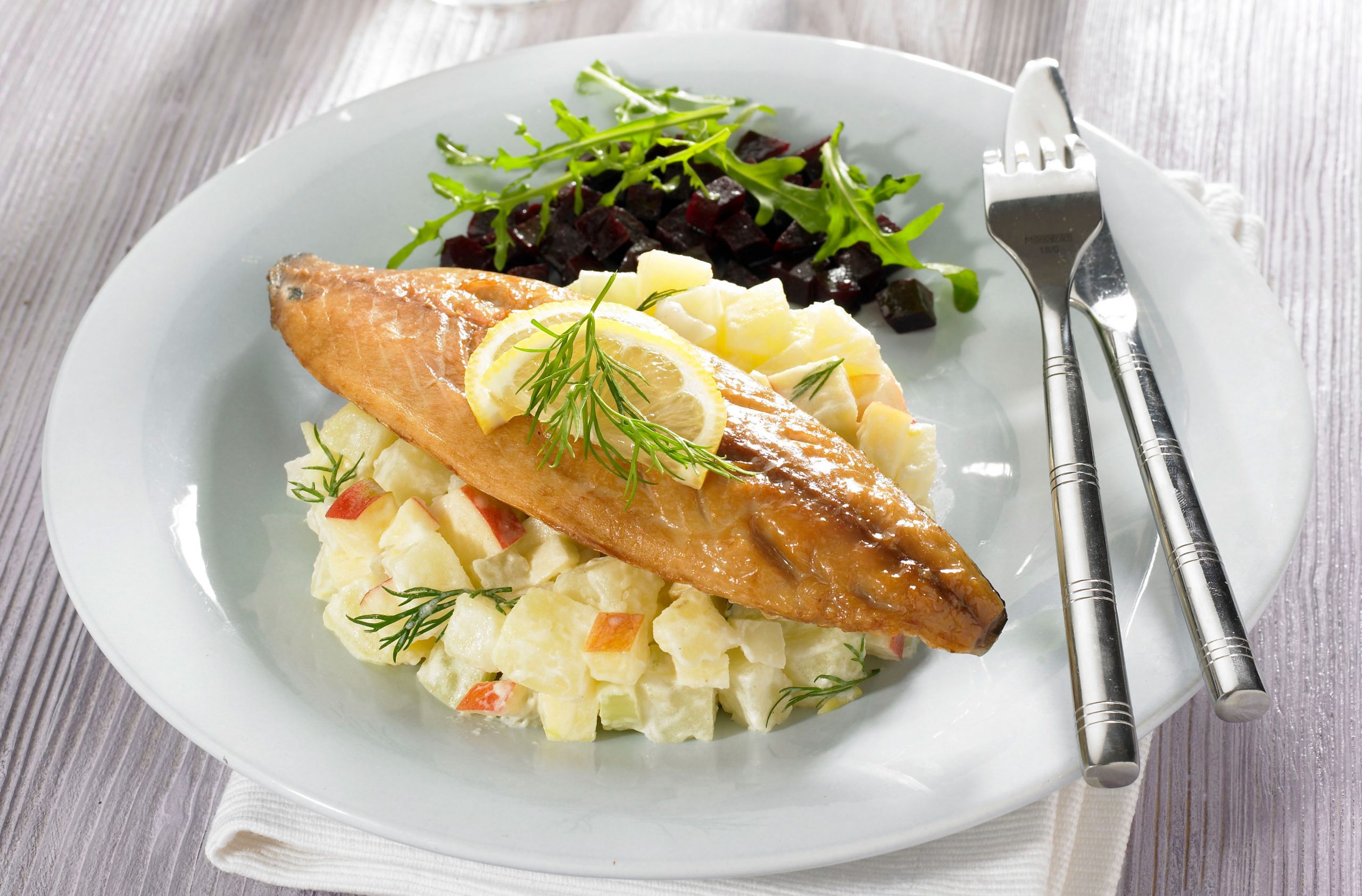 Potato and apple salad with mackerel