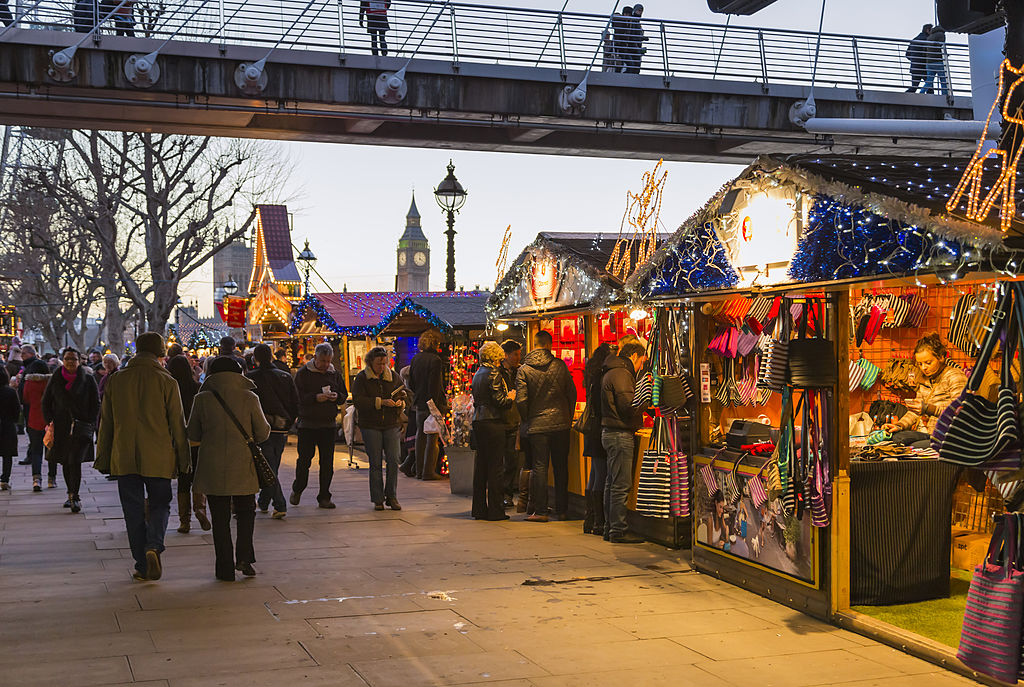 Christmas Market in the evening on South Bank in London