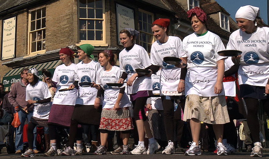 Competitors on the starting line in the village of Olney, Buckinghamshire ahead of the annual pancake race, on March 8, 2011.