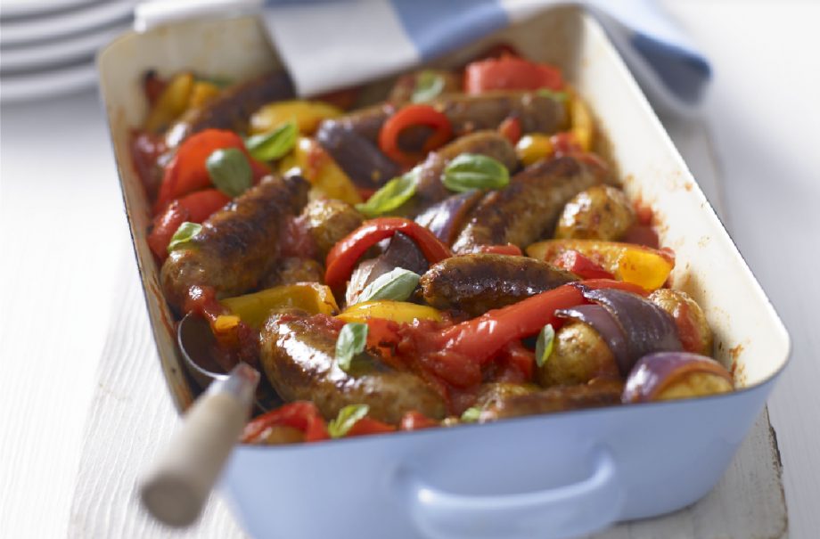 Sausage bake in a dish with a spoon