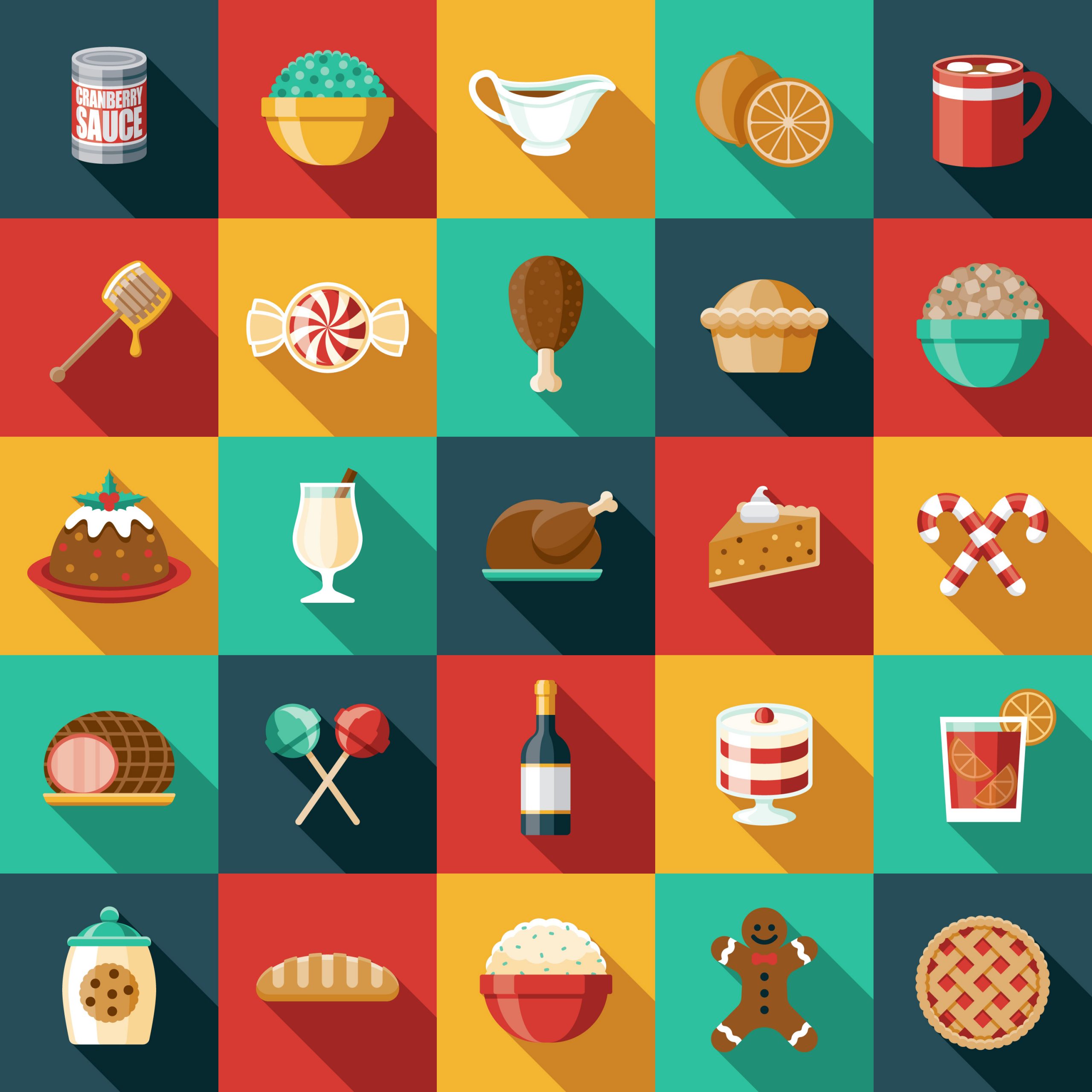 Colourful boxes each containing a different christmas food illustration
