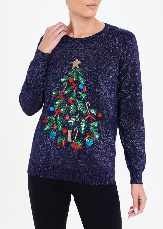 Women's Christmas Sequin Jumper – Sparkly Novelty Sweater – Crew Neck Long Sleeve