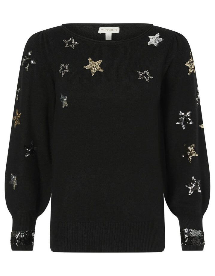 Sequin star knit jumper black