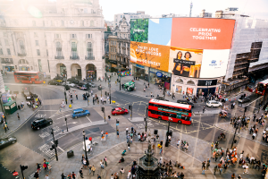 view of London with red buses