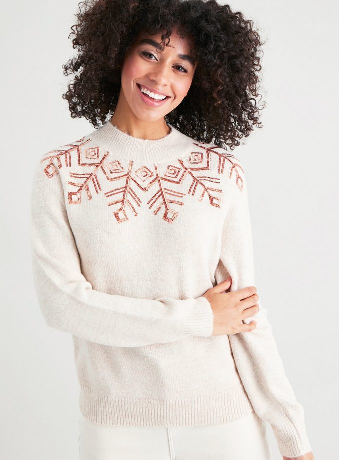 Oatmeal Sequin Fair Isle Yoke Jumper