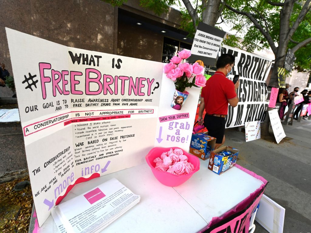 Banners at the Britney Spears #FreeBritney Protest outside Los Angeles Courthouse at Stanley Mosk Courthouse on September 16, 2020 in Los Angeles