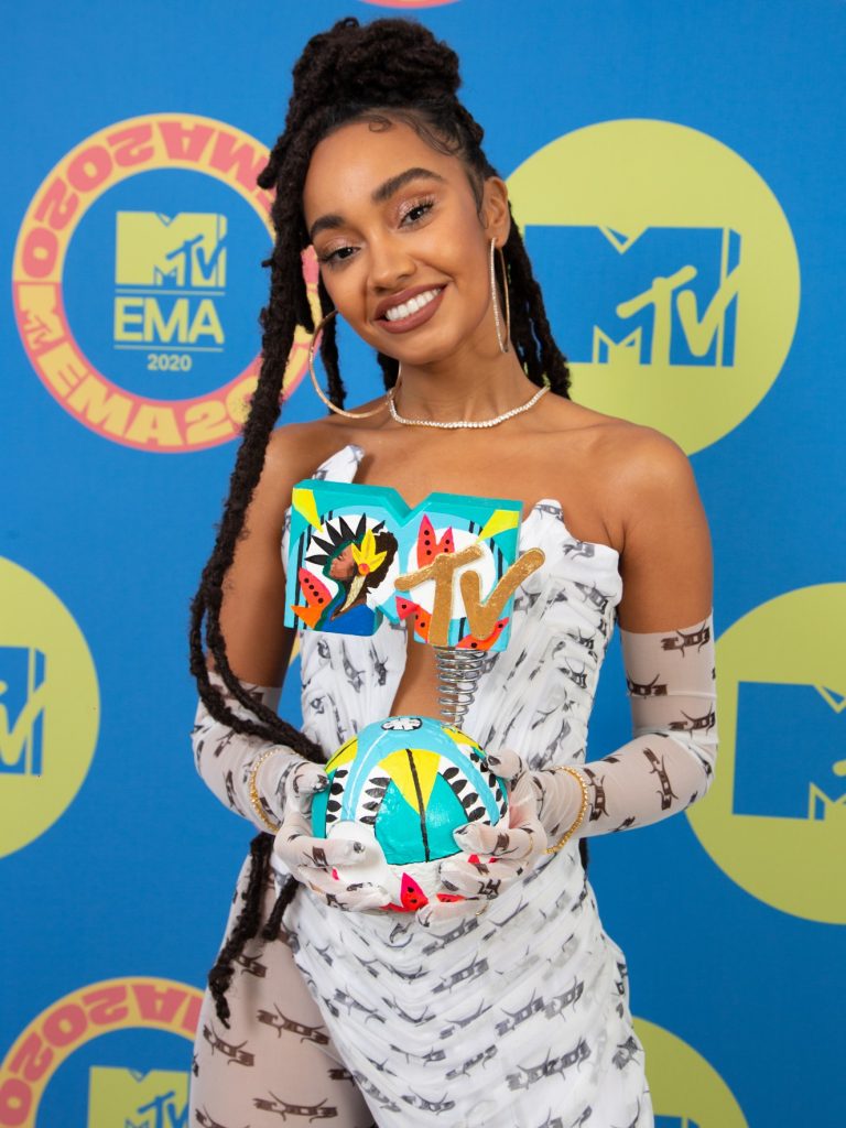 Leigh-Anne Pinnock of Little Mix poses with 'Generation change' award ahead of the MTV EMA's 2020 on November 01, 2020 in London, England