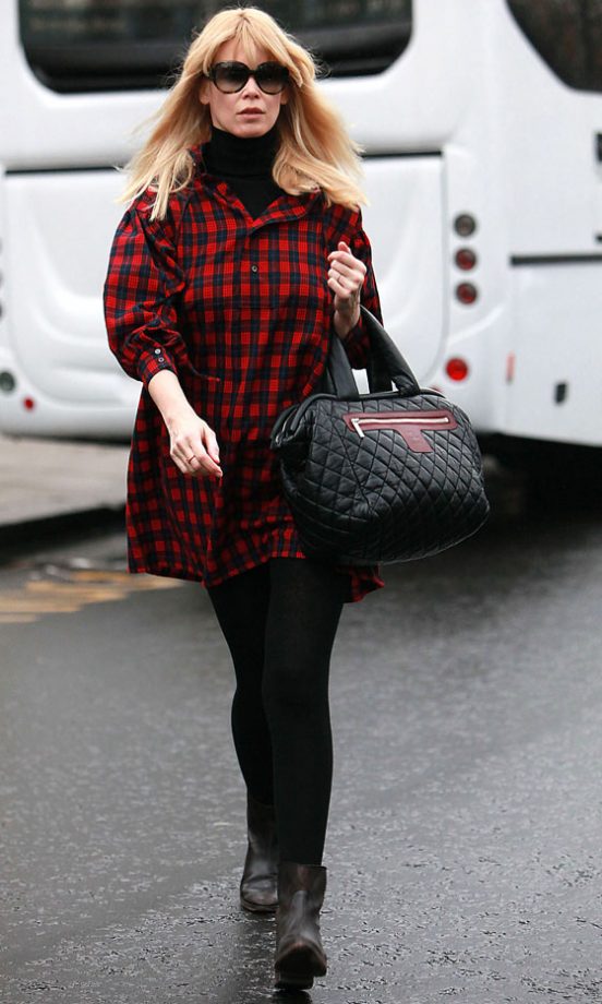 Claudia Schiffer Wearing Check Shirt And Chanel Bag, January 2010