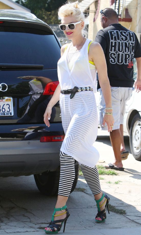 Gwen Stefani Wearing A White Dress & Multi-Coloured Shoes, August 2009