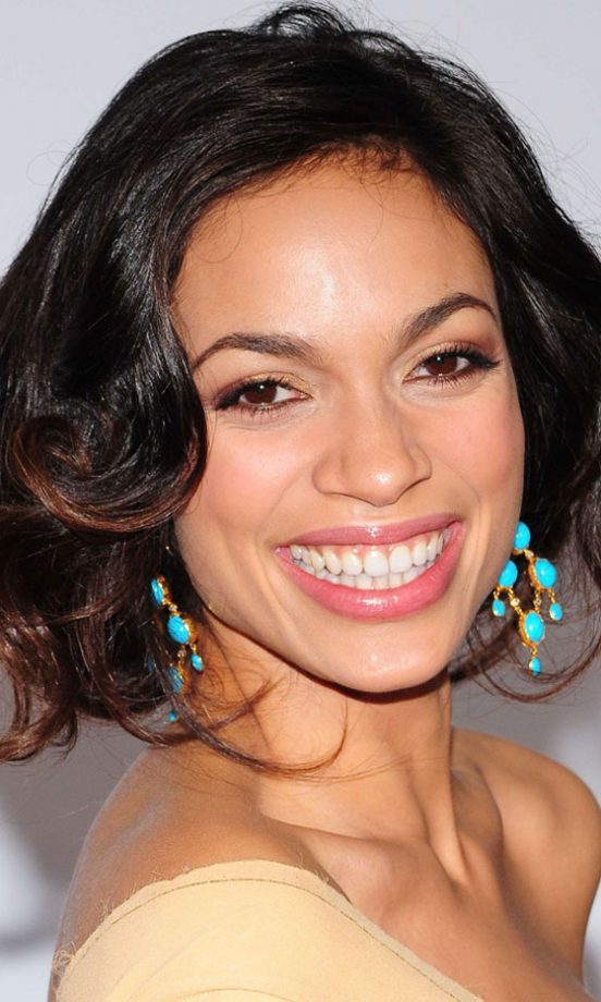 Rosario Dawson Wearing Blue Statement Earrings, December 2009