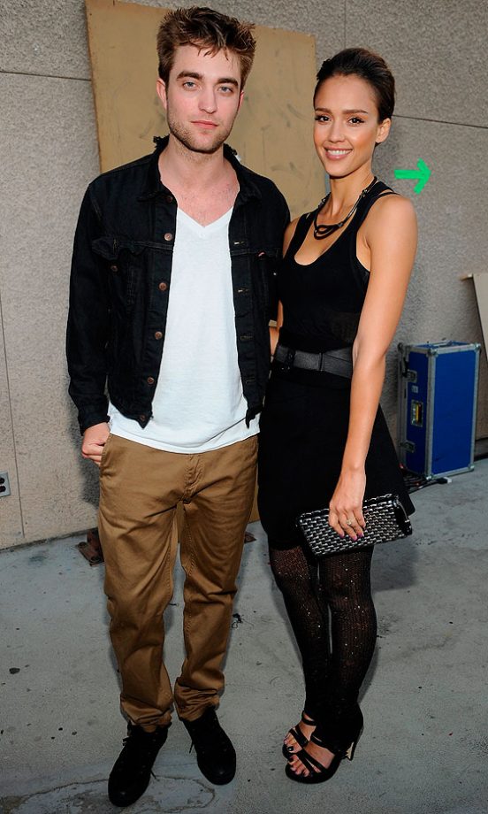 Jessica Alba Wearing Louise Goldin Whilst Posing With Robert Pattinson Backstage At The MTV Movie Awards, 2010