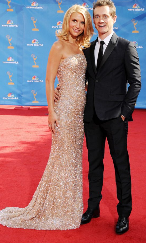 Claire Danes Wearing Giorgio Armani Privé With Husband Hugh Dancy Wearing Burberry At The Emmy Awards 2010