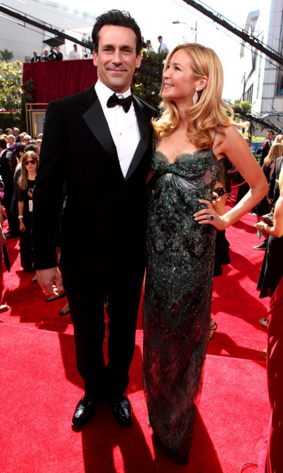 Jon Hamm Wearing Giorgio Armani On The Red Carpet With Jennifer Westfeldt At The Emmy Awards 2010