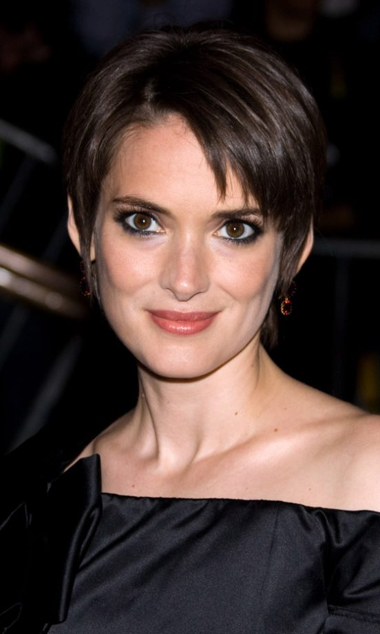 Winona Ryder Adds A Feminine Flair To Her Cropped Hairstyle With Statement Lips And A Strapless LBD, 2009