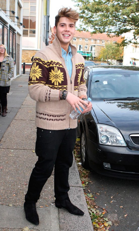 Aiden Grimshaw Looks Cosy In A Chunky Knit Cardigan Arriving At The Riverside Studios For The Recording Of 'Celebrity Juice',