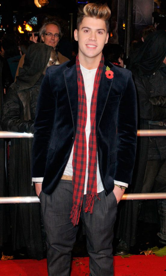 Aiden Grimshaw Mixes A Blue Velvet Blazer With A Plaid Scarf At The Harry Potter And The Deathly Hallows London Film Premiere 2010