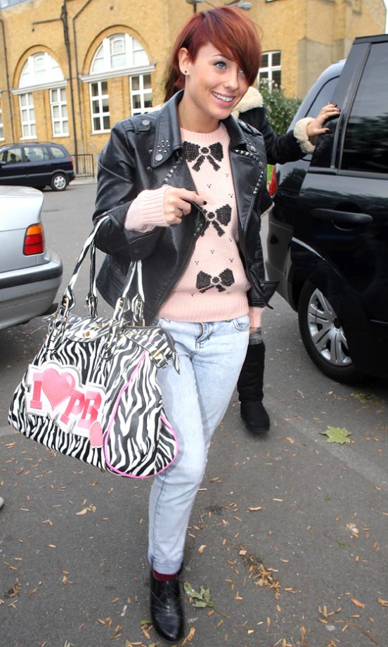 X Factor's Rebecca Creighton From Girl Group Belle Amie Wearing A Very Cute Pink Jumper With Bow Prints