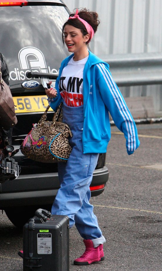 Cher Lloyd Adds Bright Pink Trainers To Punch Up Her Blue Outfit At The X Factor Studios