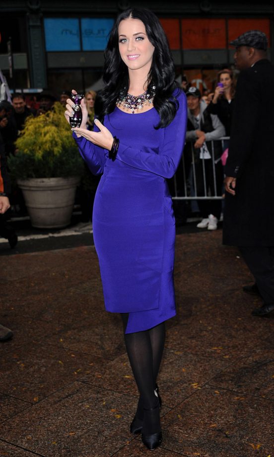 Katy Perry Wearing A Figure-Hugging Zac Posen Dress At Her Purr Fragrance Launch In New York 2010