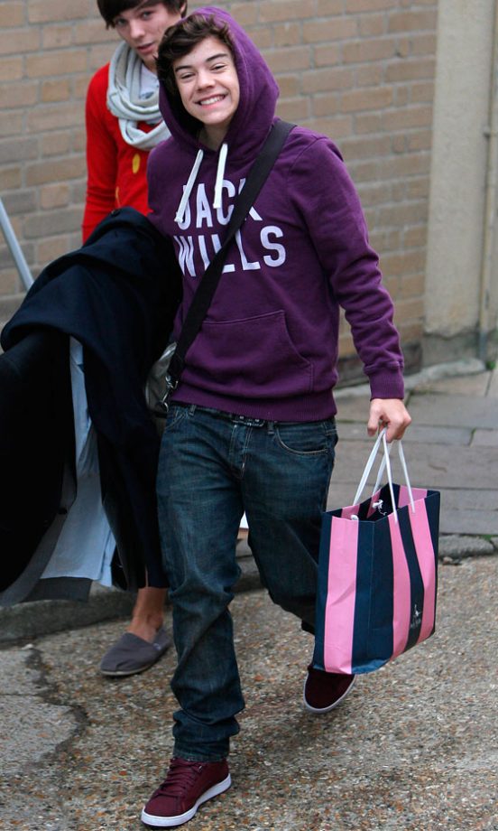 Harry Styles From One Direction Keeps Warm In A Purple Jack Wills Hoodie At The X Factor Studios