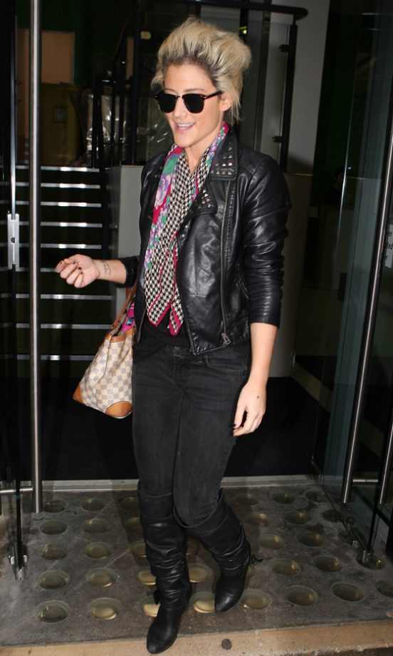 X Factor's Katie Waissel Wears Studded Leather Jacket And Louis Vuitton Bag