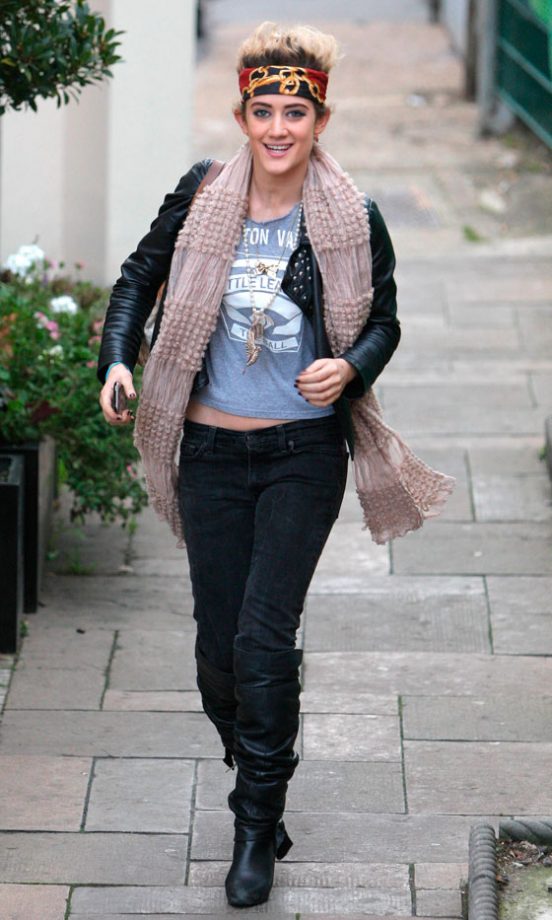 Katie Waissel Looks Casual In Black Jeans And A Printed Head Scarf At The X Factor Studios