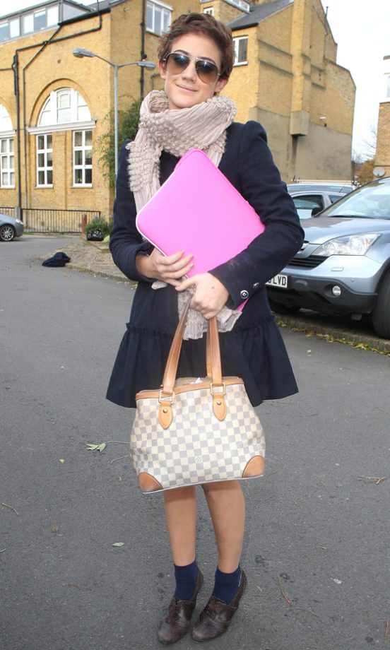 Katie Waissel Wears A Chunky Knit Scarf With A Blue Ruffle Hem Coat At The X Factor Studios In London 2010