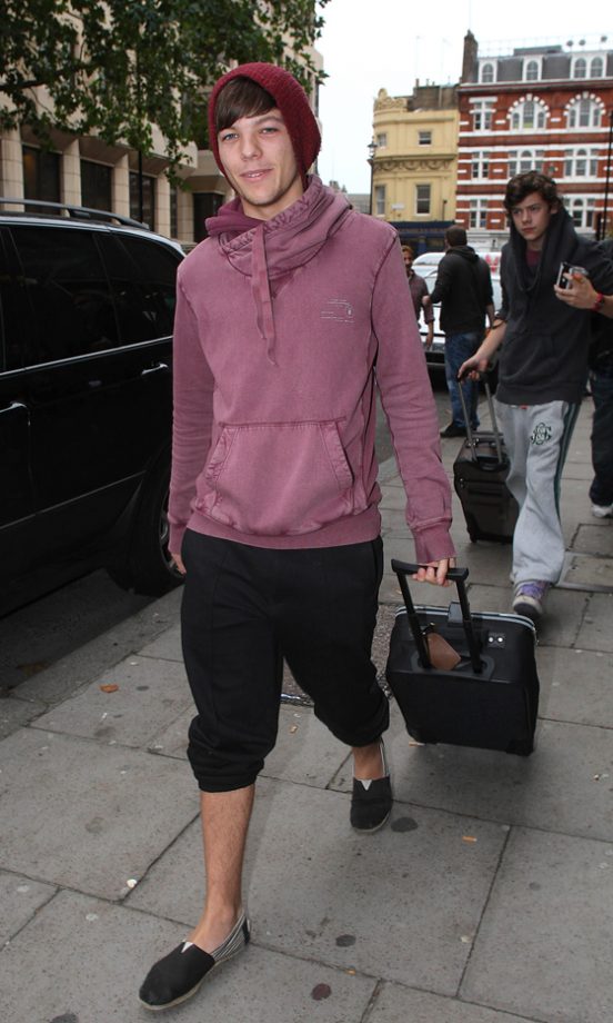X Factor's Louis Tomlinson From One Direction Wearing Washed Out Red All Saints Jumper