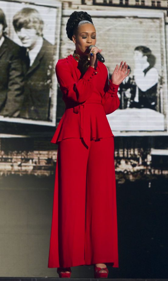 Rebecca Ferguson Lights Up The Stage In Red Vintage Ossie Clark Wide Legged Trousers And A Matching Tie Front Blouse On X Factor 2010