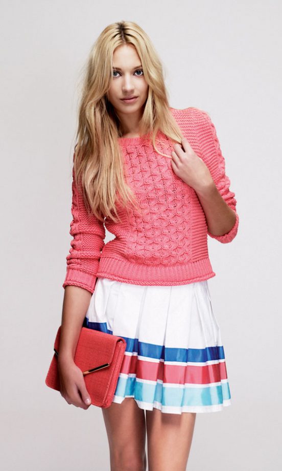 New Look Coral Jumper, £24.99, Skirt With Coloured Panels, £24.99 And Coral Clutch, £9.99 - In Stores Soon