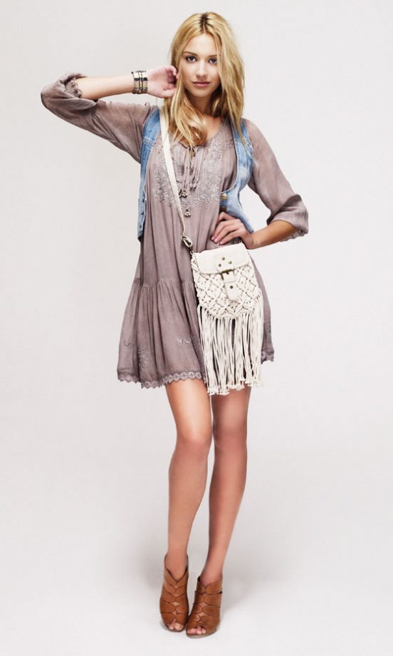 New Look Gypsy Dress, £39.99, Denim Waistcoat, £19.99, Tassel Bag, £18.99 And Tan Heels, £29.99 - In Stores Soon