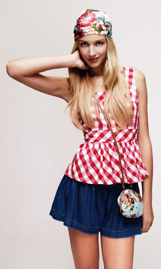 New Look Gingham Top, £17.99, Denim Flare Shorts, £19.99, Floral Bag, £5.99 And Head Scarf, £7.99 - In Stores Soon
