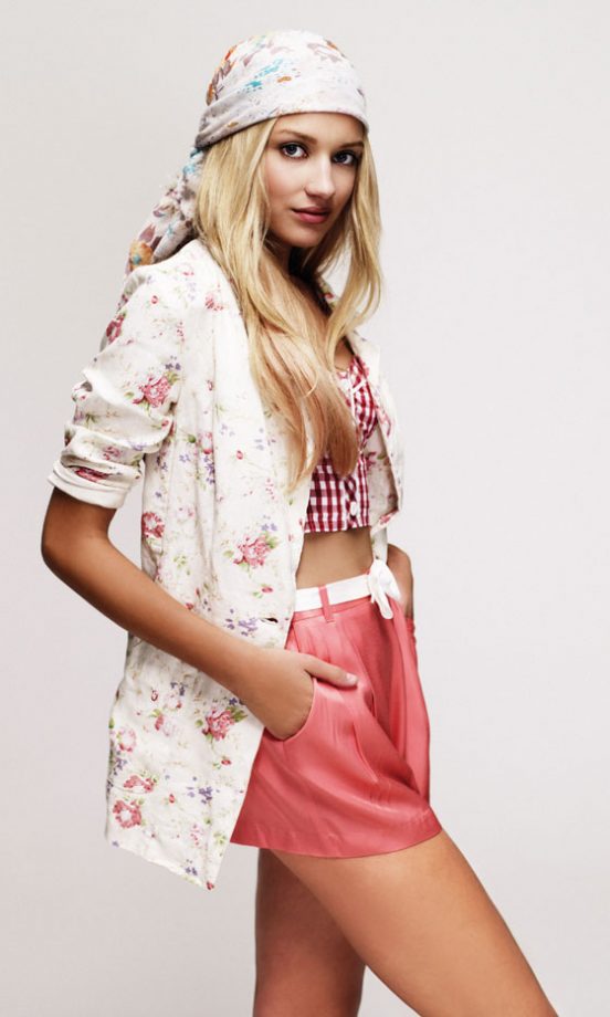 New Look Floral Boyfriend Blazer, £24.99, Gingham Top, £16.99, Silk Coral Shorts, £24.99, Head Scarf, £7.99 - In Stores Soon