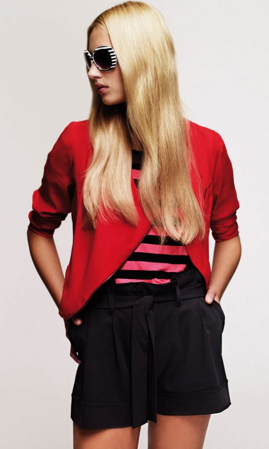 New Look Red Jacket, £29.99, Pink Stripe Top, £16.99, High Waisted Shorts, £17.99 And Sunglasses, £4.99 - In Stores Soon