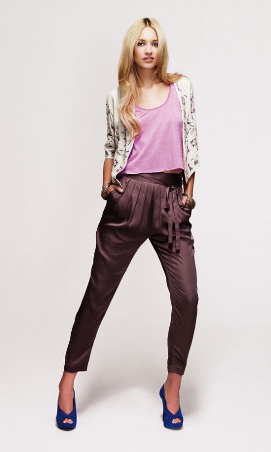 New Look Cream Bolero, £26.99, Pink T-Shirt, £4.99, Brown Trousers, £26.99, Blue Heels, £29.99 - In Stores Soon
