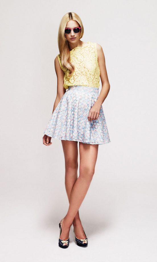 New Look Yellow Top, £17.99, Floral Skirt, £29.99, Sunglasses, £7.99 And Striped Wedges, £24.99 - In Stores Soon