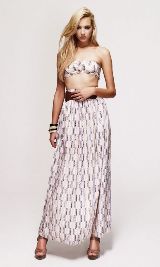 New Look Aztec Jersey Bandeau, £12.99, Aztec Maxi Skirt, £32.99, Crochet Belt, £9.99 And Ankle Strap Platforms, £22.99