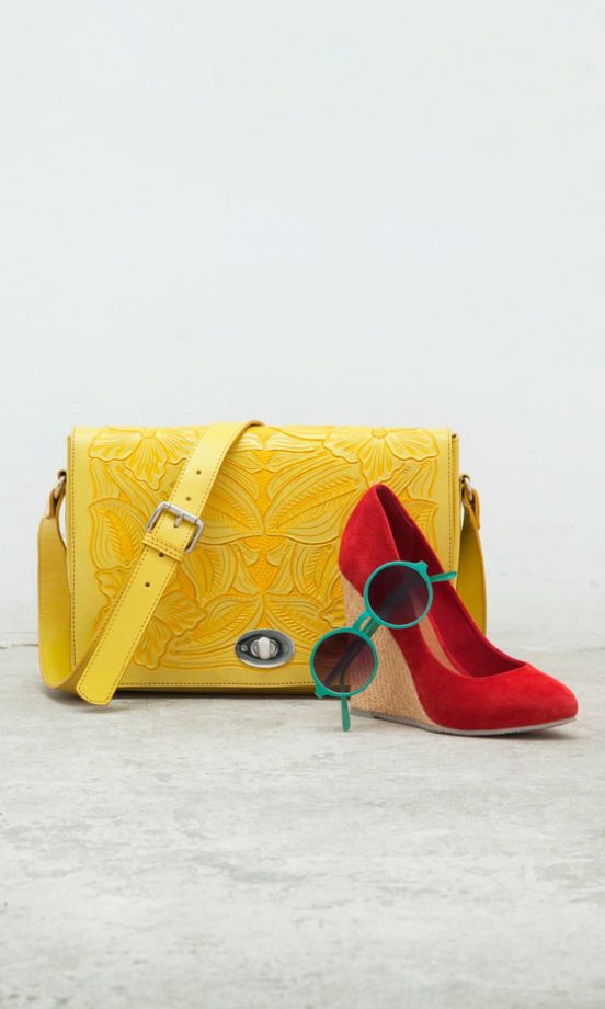 Asos Leather Bright Tooled Satchel, £60, Pave The Way Wedge, £55, Mint Round Sunglasses, £10